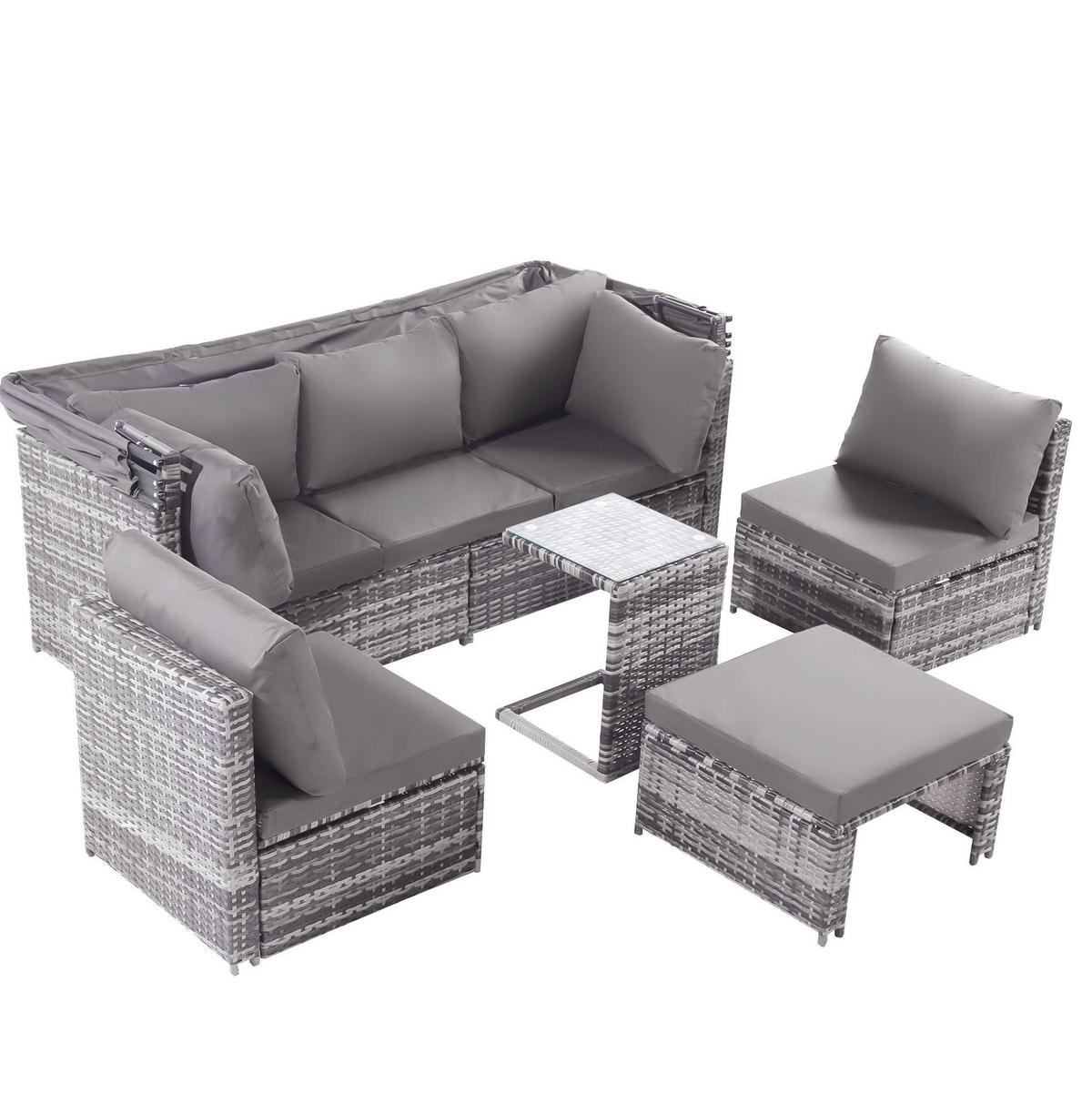 GARTENMÖBEL 194x70x157cm grau aus Rattan mit Markise - Grau, Kunststoff - Modfu