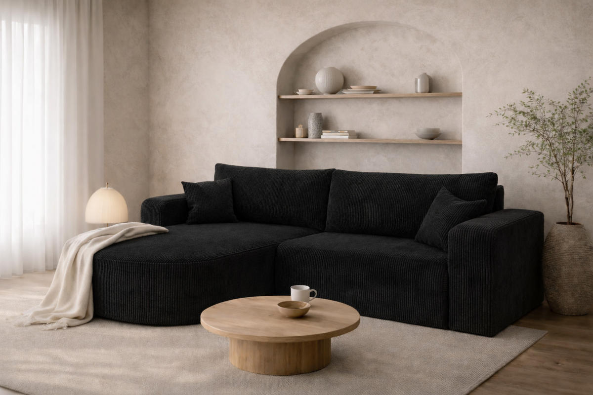 ECKSOFA Mit Schlaffunktion, Cordstoff Poso, Schwarz, Links, ROUND ONE - Schwarz, Holz (244/175cm) - Kaiser Möbel