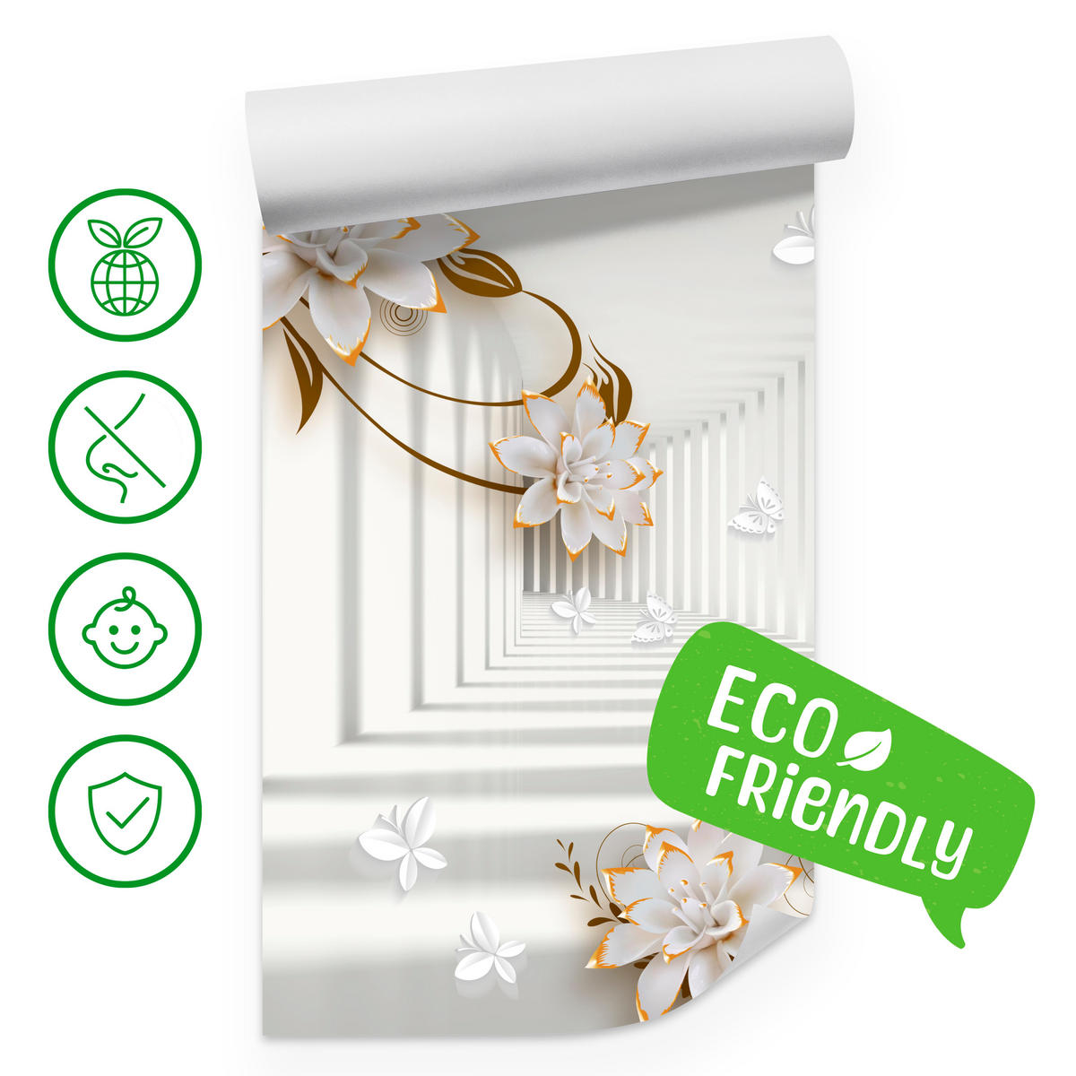 FOTOTAPETE für Wohnzimmer Abstrakter Blumen Tunnel Schmetterlinge 500x350 - Beige/Orange, Papier (500/350cm) - Muralo