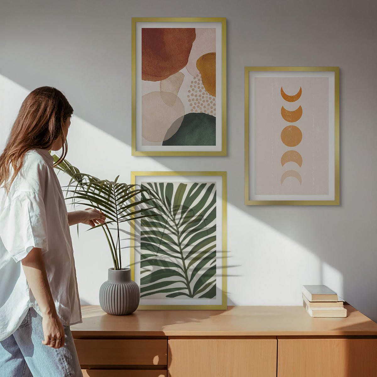 BILDER SET 3er Set - 40x60 cm Goldrahmen - Abstrakte Blattformen - Goldfarben, Kunststoff (40/60cm) - TULUP