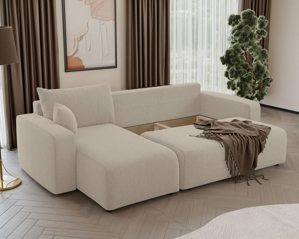 ECKSOFA Pianoni Hellbeige Bouclé-Bezug - Ecru/Schwarz, Kunststoff/Textil (244/140cm) - Selsey