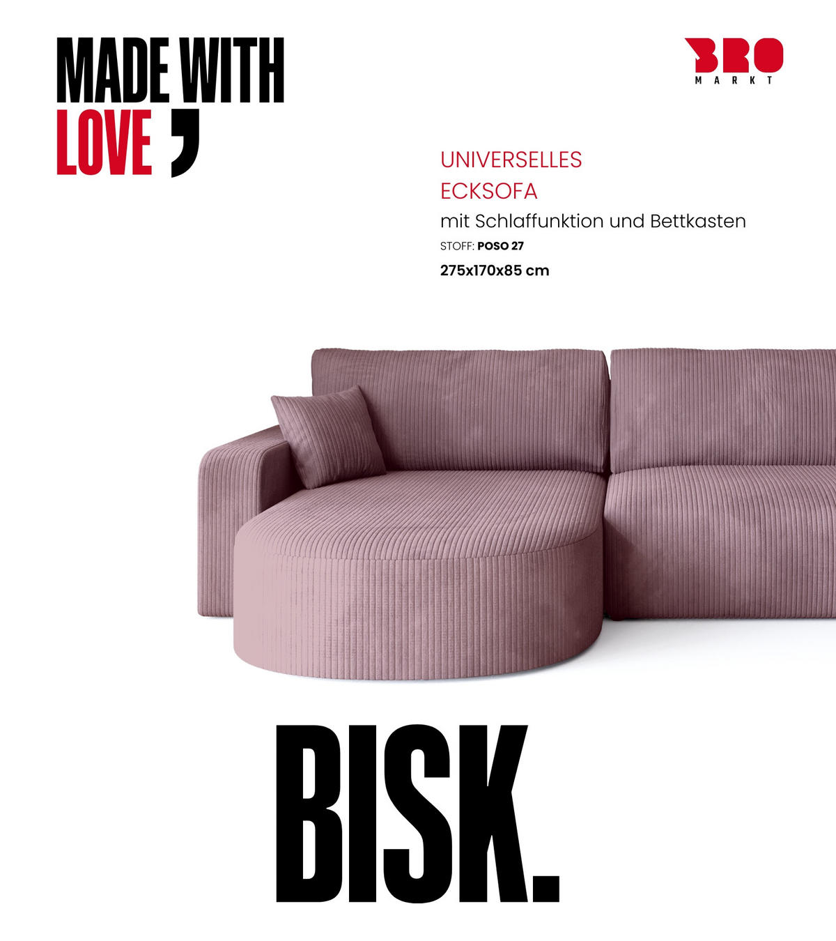 ECKSOFA Bisk mit Schlaffunktion Puderrosa Cordstoff - Pink, Textil (275/170cm) - Bromarkt