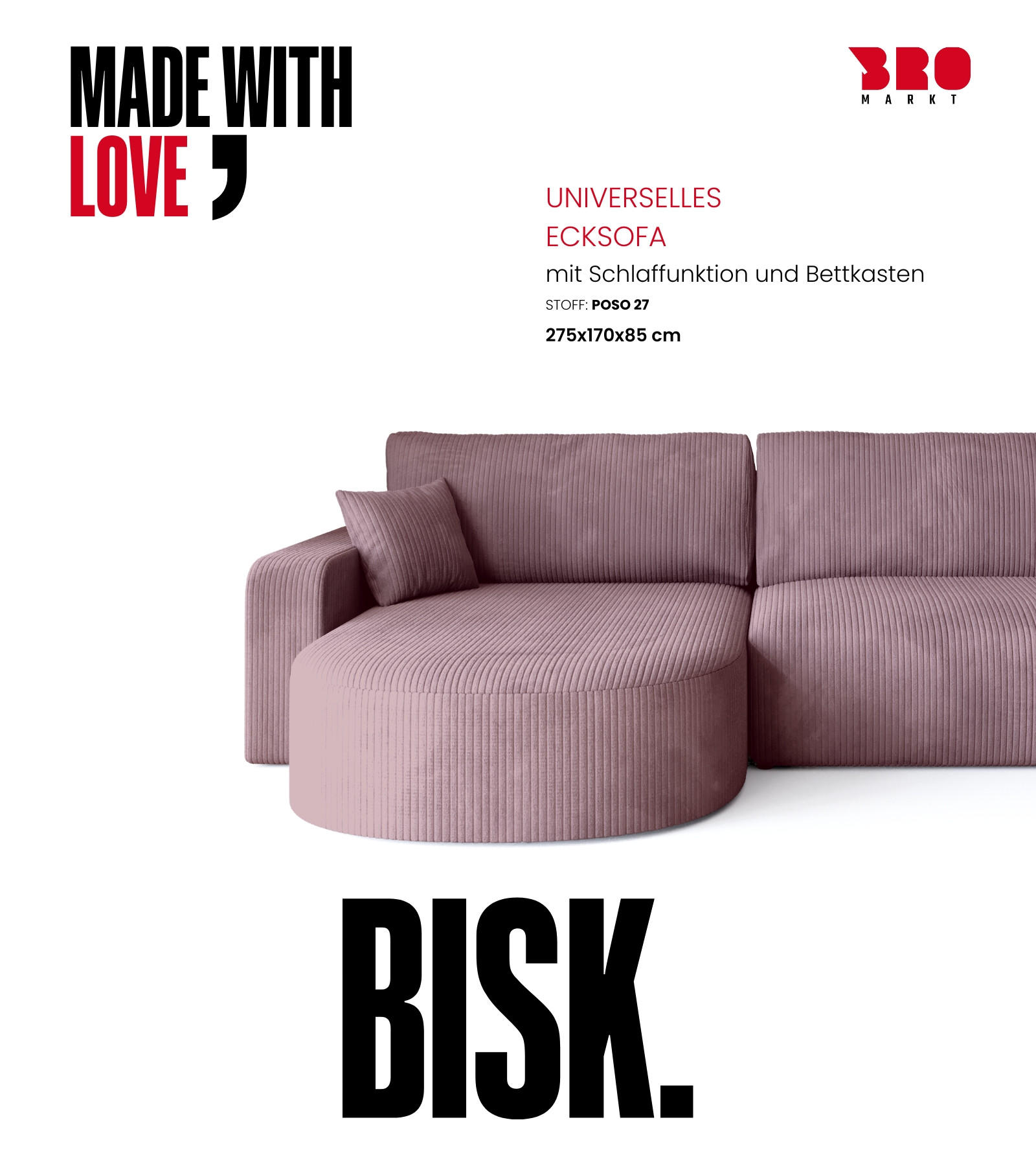 Thumbnail - Bromarkt Ecksofa, Pink, Textil, 3-Sitzer, L-Form, 275x170 cm, Wohnzimmer, Sofas & Couches, Wohnlandschaften, Ecksofas