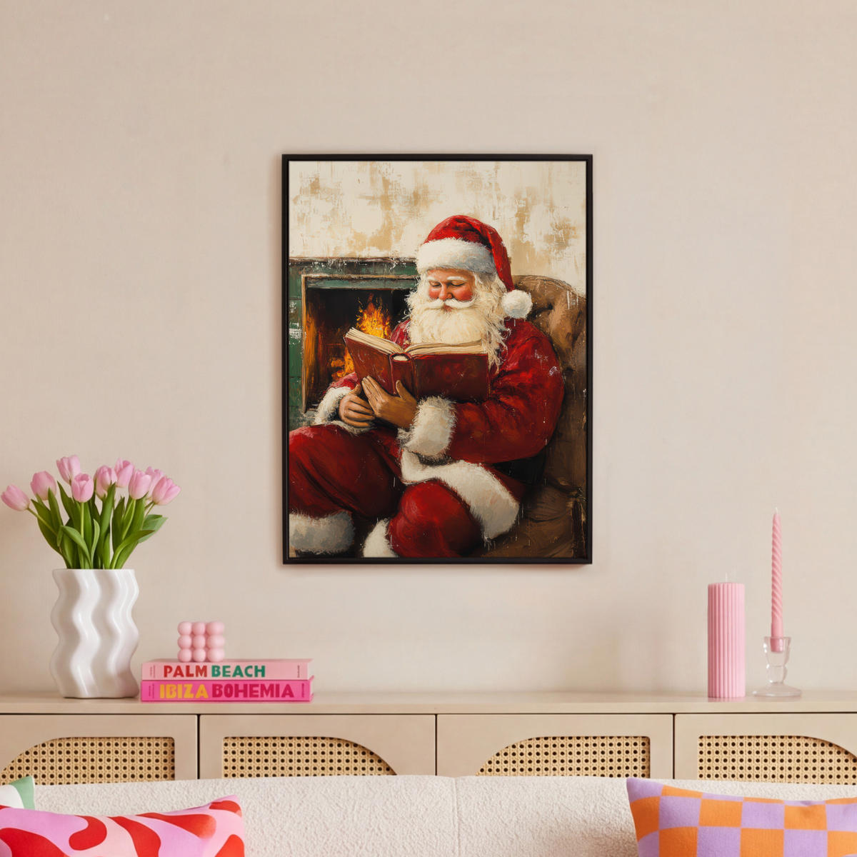 LEINWAND Bilder mit Rahmen - Weihnachten - Weihnachtsmann - Winter - Open Fireside - 60x80 - Dunkelrot, Textil (60/80cm) - MuchoWow