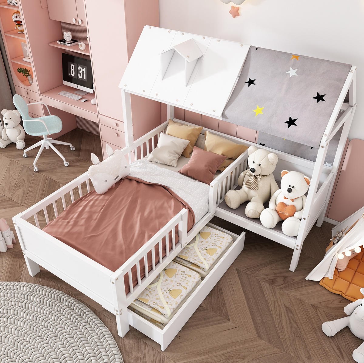 KINDERBETT Hausbett 90/200 cm Weiß mit Schubladen und Lattenrost - Weiß, Holzwerkstoff (90/200cm) - BEAOK