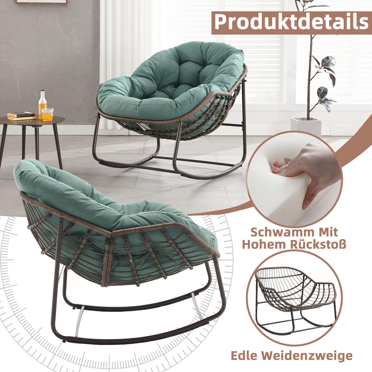SCHAUKELSTUHL Schaukelsessel Garten,Rattanstuhl mit Stahlrahmen,Grün-Polyester - Grün, Metall (94.5/80/111cm) - LVHOM
