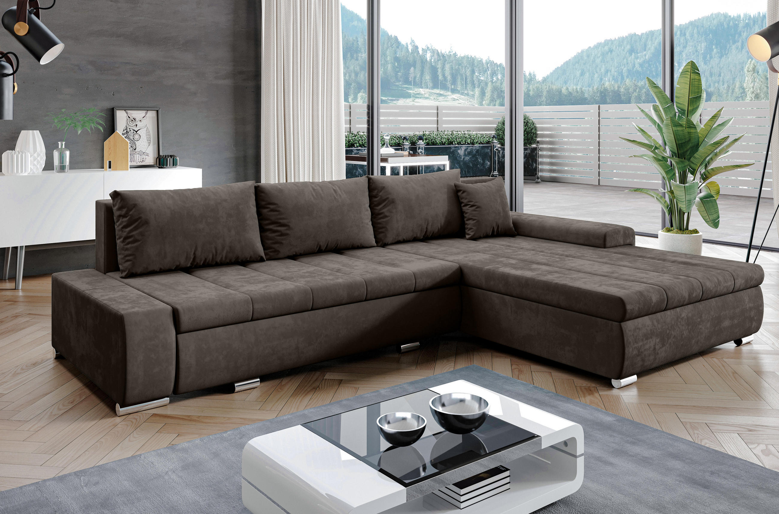 ECKSOFA L Form Tunceli Braun 297/210/85 cm – modernes Sofa fürs Wohnzimmer - Silberfarben/Braun, Textil/Metall (297/210cm) - AX Living
