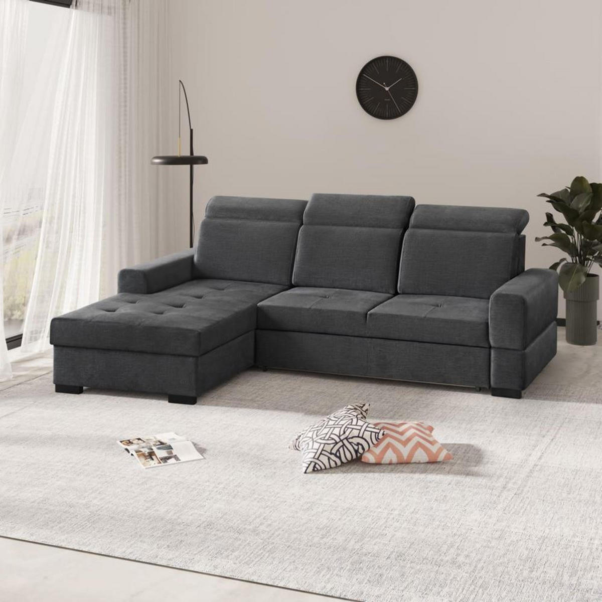 ECKSCHLAFSOFA Alex Mini dunkelgrau links - Dunkelgrau/Schwarz, Textil (245/185cm) - Beautysofa