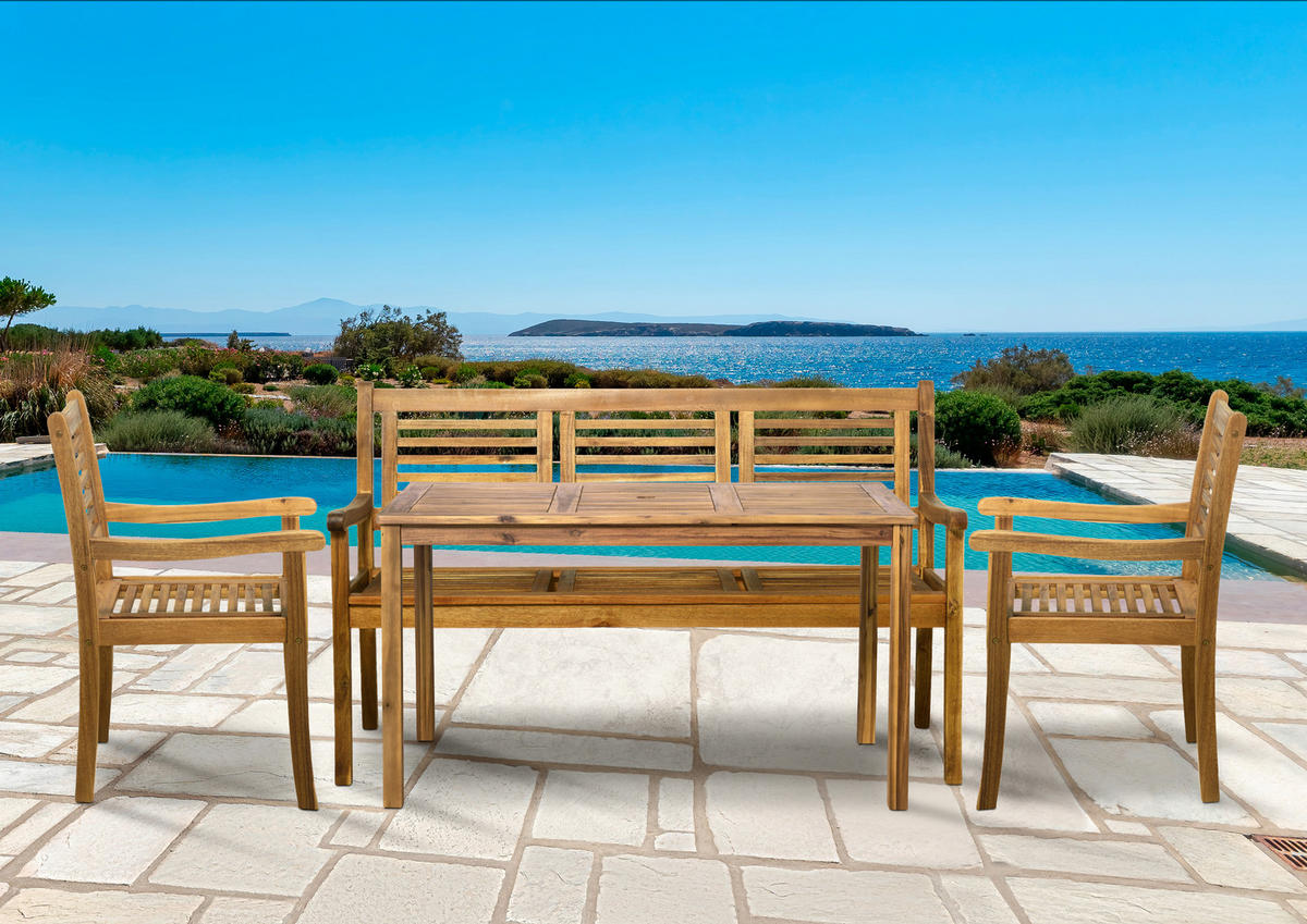 SITZGRUPPE Akana mit 2 Stühlen, 1 Bank und 1 Tisch - 135x80 cm - Akazienholz geölt - Naturfarben, Holz - TPFGarden