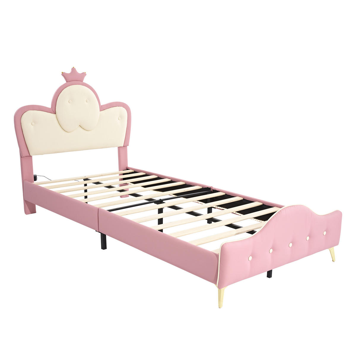 POLSTERBETT 90/200 cm DE-02287, in Rosa/Weiß, mit Kronen-Kopfteil, LED und weichen Schutzkanten - Pink, Holz (90/200cm) - ComfortXL