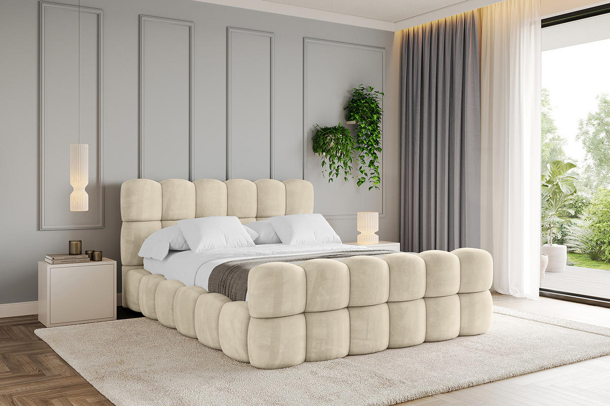 POLSTERBETT mit Bettkasten, Fußteil und Lattenrost, Bett mit Matratze H3/H4 - LEYA-Z 120x200 Beige - Ecru, Holzwerkstoff/Textil (120/200cm) - ALTDECOR