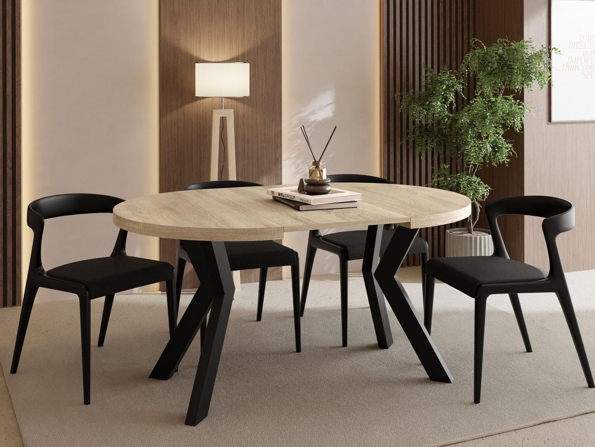 ESSTISCH Savio rund ausziehbar verlängerbar, Eiche Sonoma Hellbraun 80-130/80/77 cm - Schwarz/Sonoma Eiche, Holz/Holzwerkstoff (80/80/77cm) - WFL GROUP