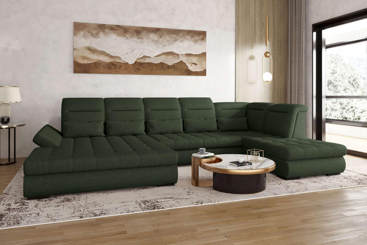 WOHNLANDSCHAFT Toscana Velours inkl. Schlaffunktion - Olivgrün, Textil (208/87/358cm) - 99rooms