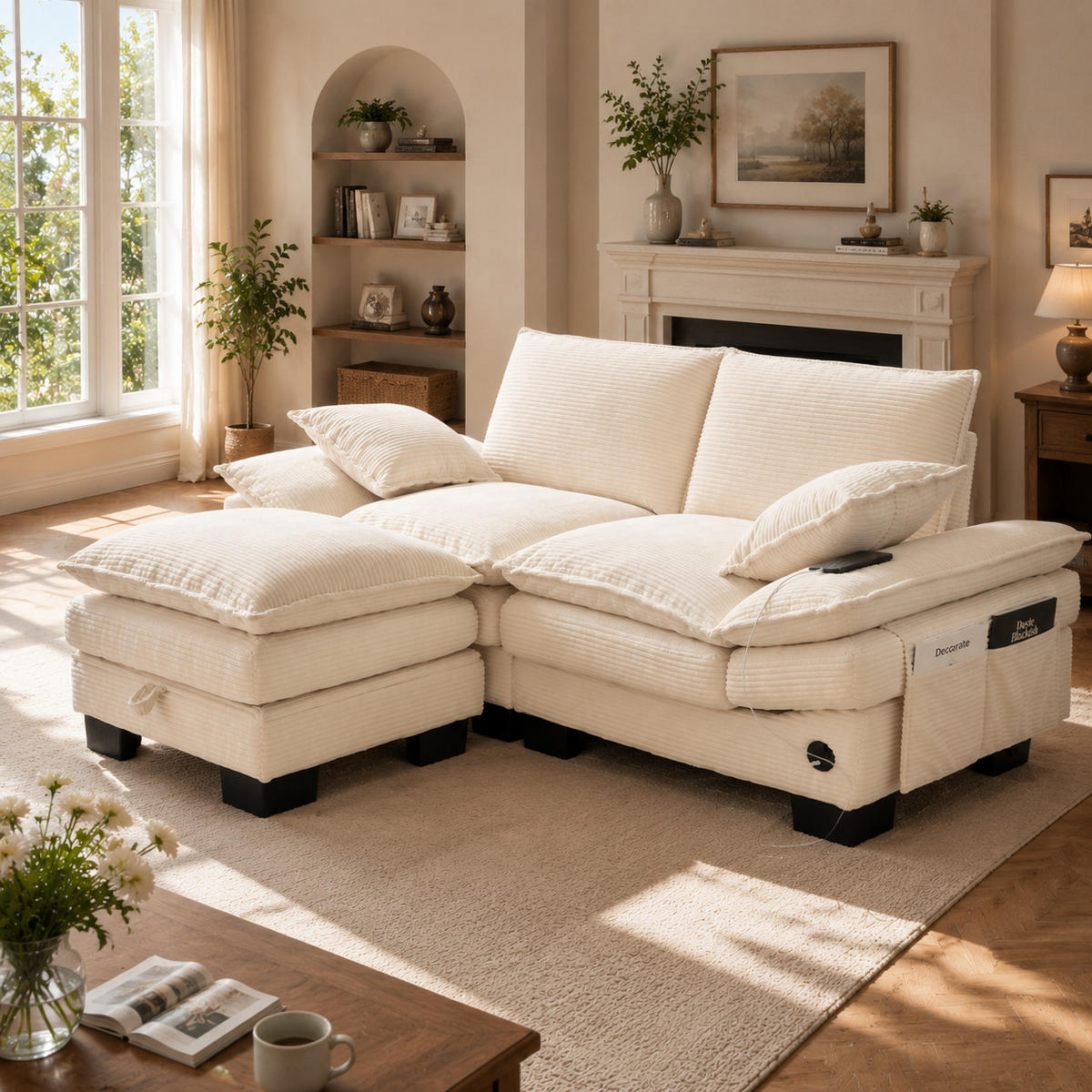2-SITZER-SOFA DE-33749 mit Hocker und USB-C Beige - Beige, Metall (190/84/132cm) - ComfortXL