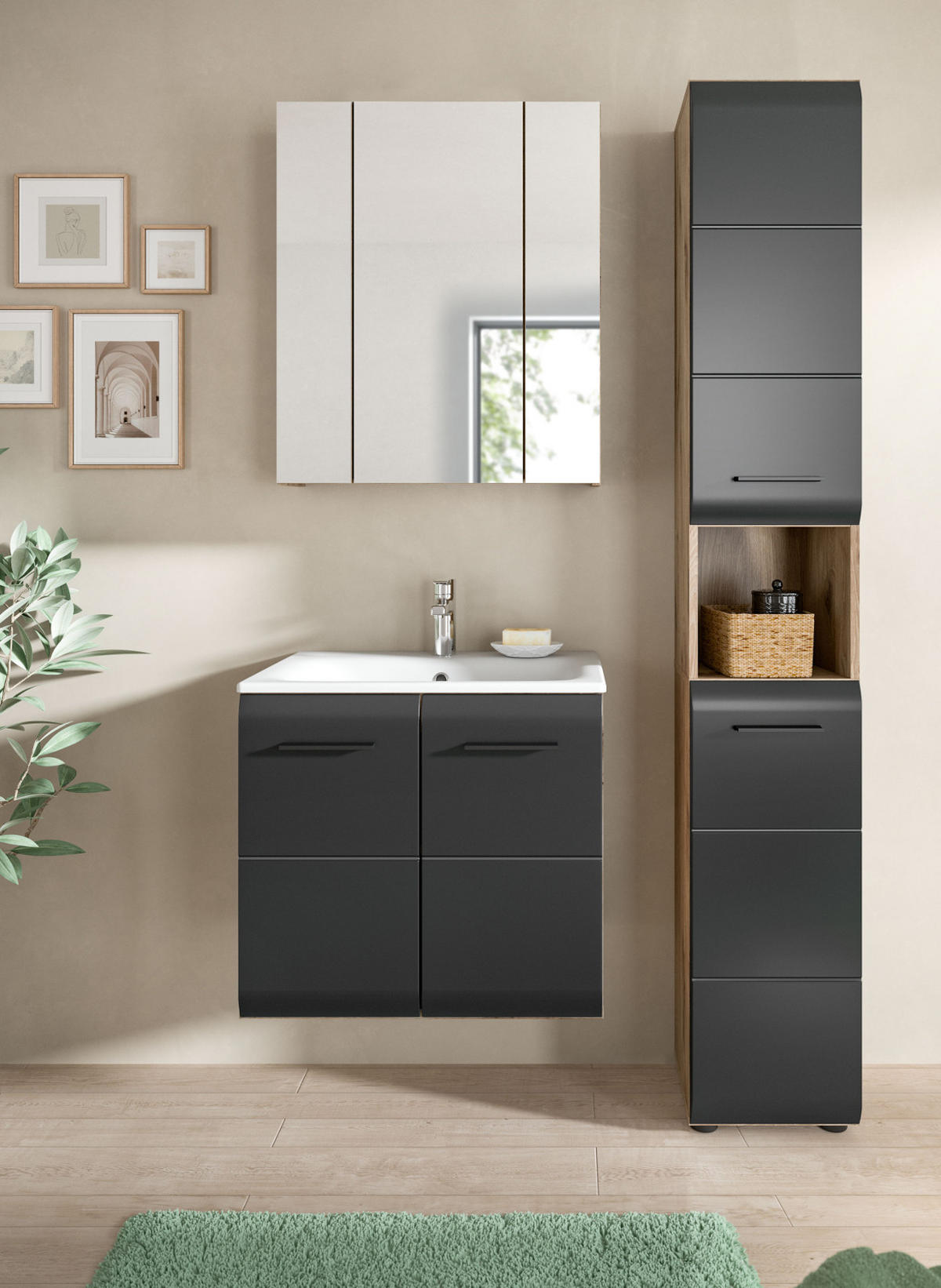 BADMÖBEL-SET 3-teilig Schwarz matt, Eiche Nox, Badezimmer Komplett-Set mit Waschbecken, 105 x 185 cm - Eichefarben/Schwarz, Glas/Keramik (105/185/46cm) - Inn.Furn