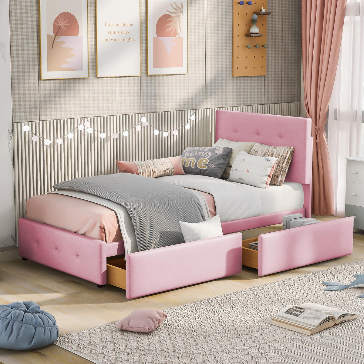POLSTERBETT 90x200 cm Rosa mit Lattenrost, Kopfteil und Schublade - Rosa, Textil (90/200cm) - IVMEU
