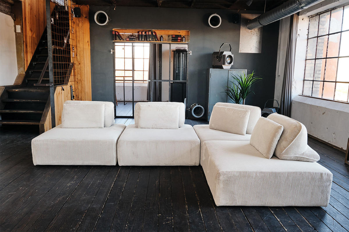 MODULSOFA WIOLO SOFT 4 MODULE 4 KISSEN Cremeweiß Cord - Creme/Schwarz, Kunststoff/Textil (333/84/222cm) - KAWOLA
