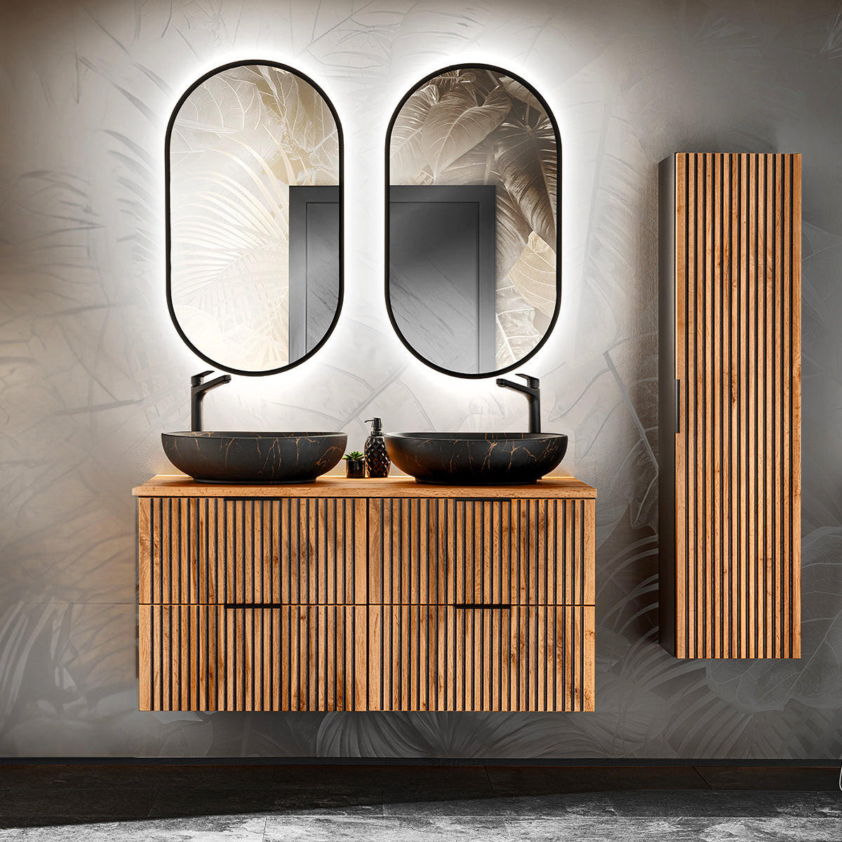 BADMÖBEL 120.6cm Gaia 2er-Set Holz in Eichenoptik und Schwarz - Schwarz, Holzwerkstoff (120.6/59/46cm) - Petits-meubles