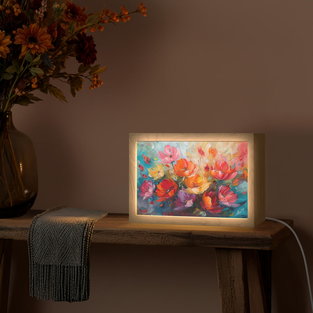 STOLNÍ LAMPA Květiny - barevné - malba - abstraktní - umění 30x20 cm - barva hliníku, kompozitní dřevo (8/30/20cm) - OnlyWow