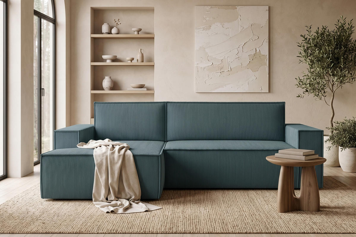 ECKSCHLAFSOFA-LINKS NAPI in Pet Friendly Cord-Stoff, blau - Blau/Schwarz, Textil (262/148cm) - KONSIMO®