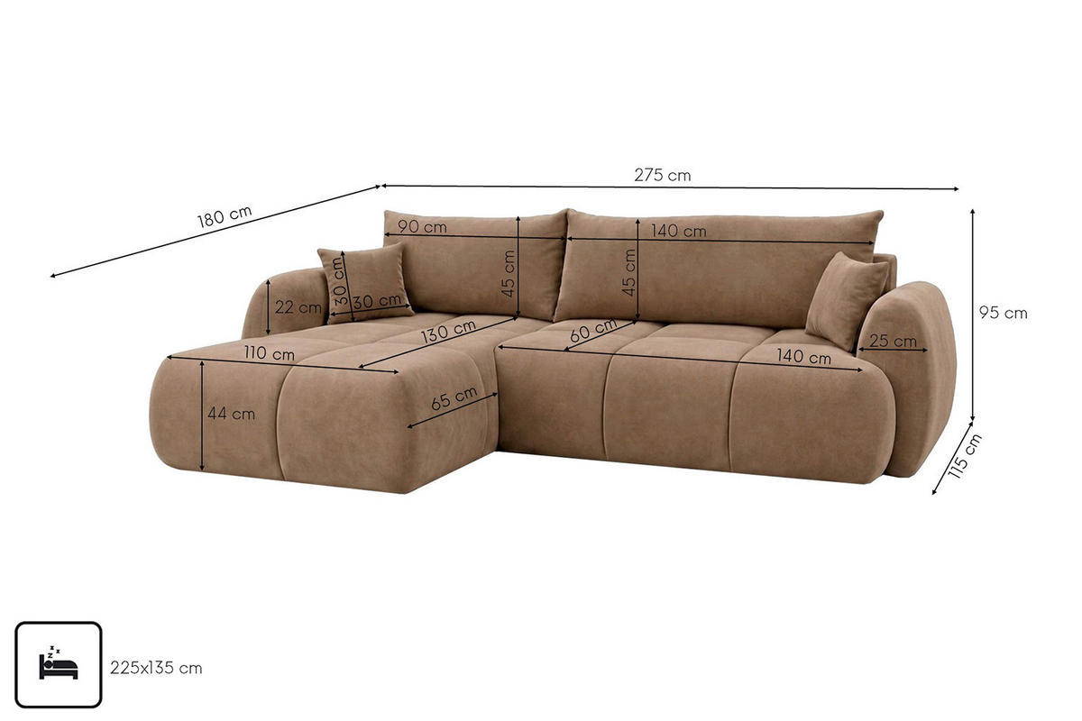 ROHOVÁ SEDAČKA s rozkládací funkcí a úložným prostorem, sametová látka Bluvel, Latte, Levá, COCO - světle hnědá, dřevo (275/180cm) - Kaiser Möbel