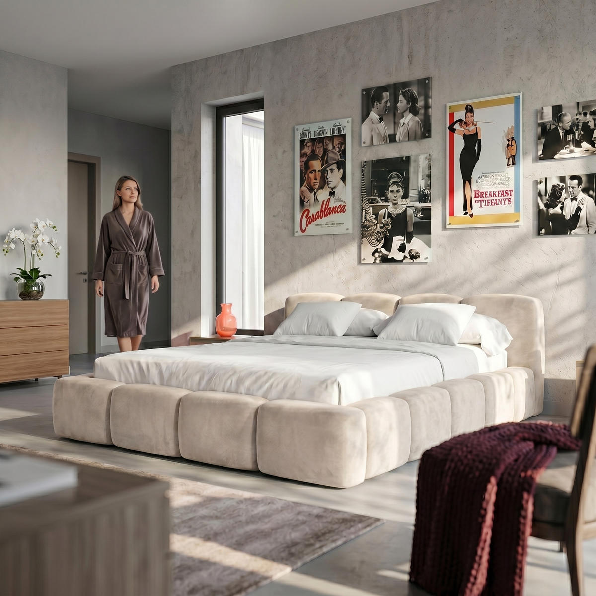 POLSTERBETT SUENO 140x200 cm in Hellgrau, gepolstertes Kopfteil, Metalllattenrost, Bettkasten, Velour-Stoff - Hellgrau/Naturfarben, Holz/Textil (140/200cm) - Muffo