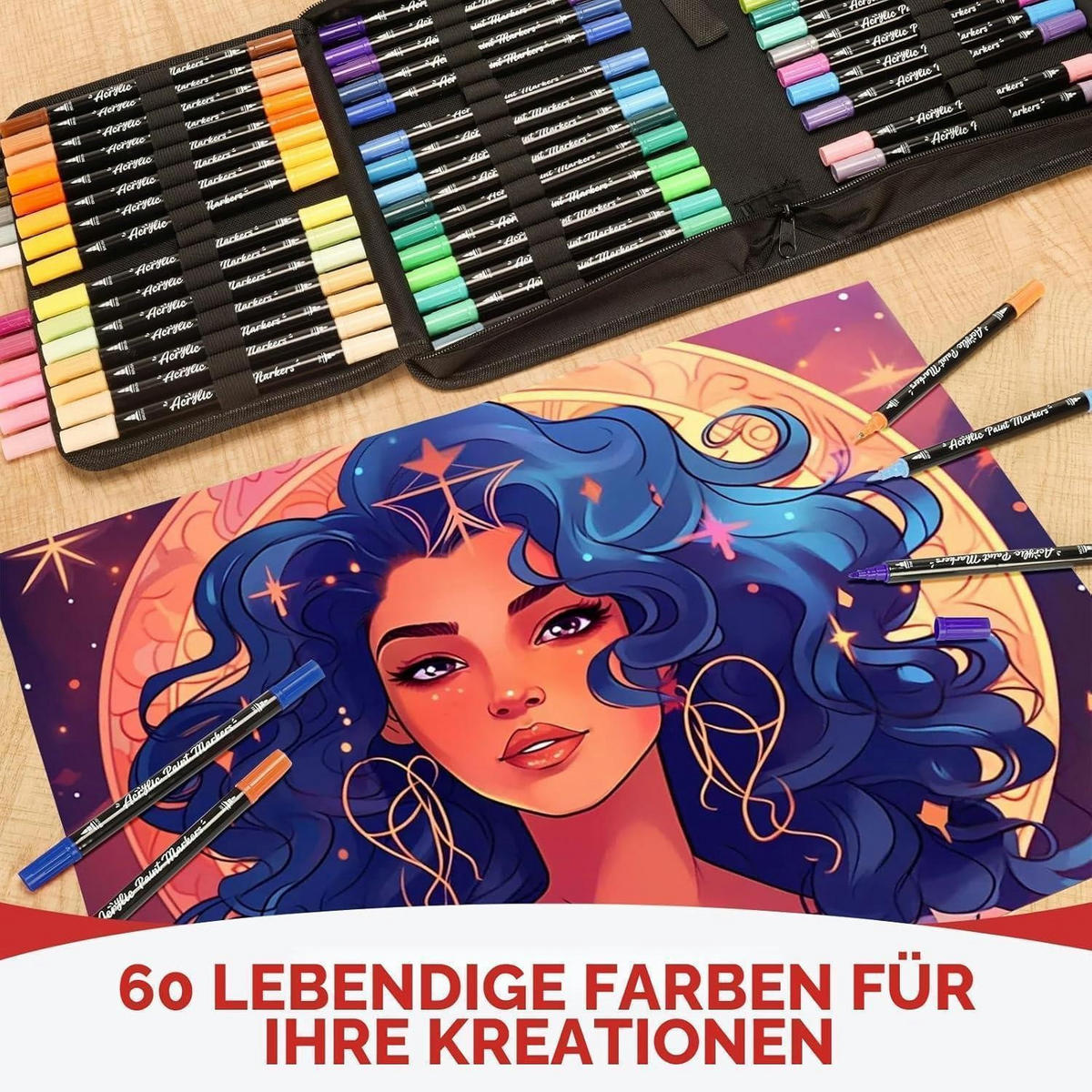 ACRYLSTIFTE 60 Farben Set Dual Tip Wasserfest für Steine Glas Holz Stoff - Multicolor, Kunststoff (17.8/6.4/25.4cm)