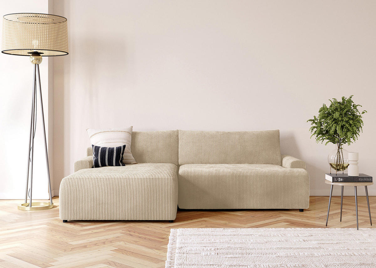 ECKSOFA mit Schlaffunktion - Longchair - Creme/Schwarz, Kunststoff/Textil (253/167cm) - home24