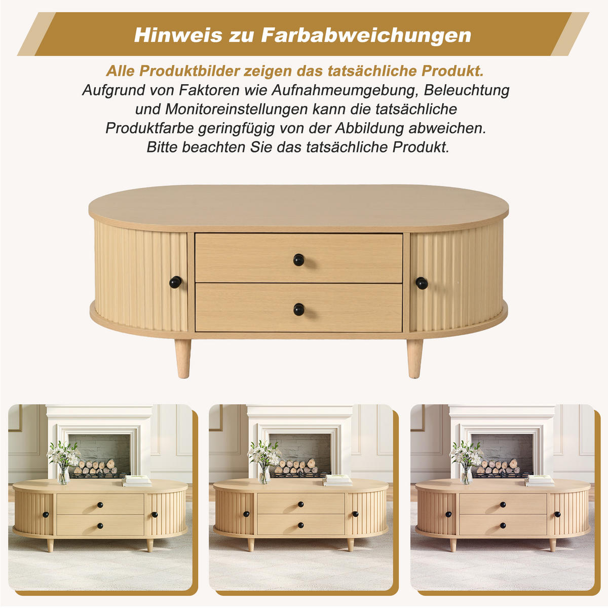COUCHTISCH in Holzoptik Runder Kaffeetisch mit Rolltüren und Schubladen, Massivholzbeinen, 100/50/36 cm - Hellbraun, Holzwerkstoff (50/100/36cm) - STILVORA