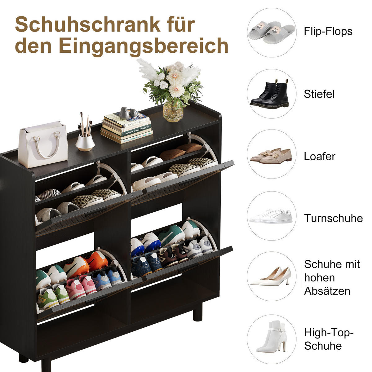 SCHUHSCHRANK 100cm schwarz mit 4 Klappfächern & Rattan-Imitation - Schwarz, Holz (24/95/100cm) - SHOPENTRA