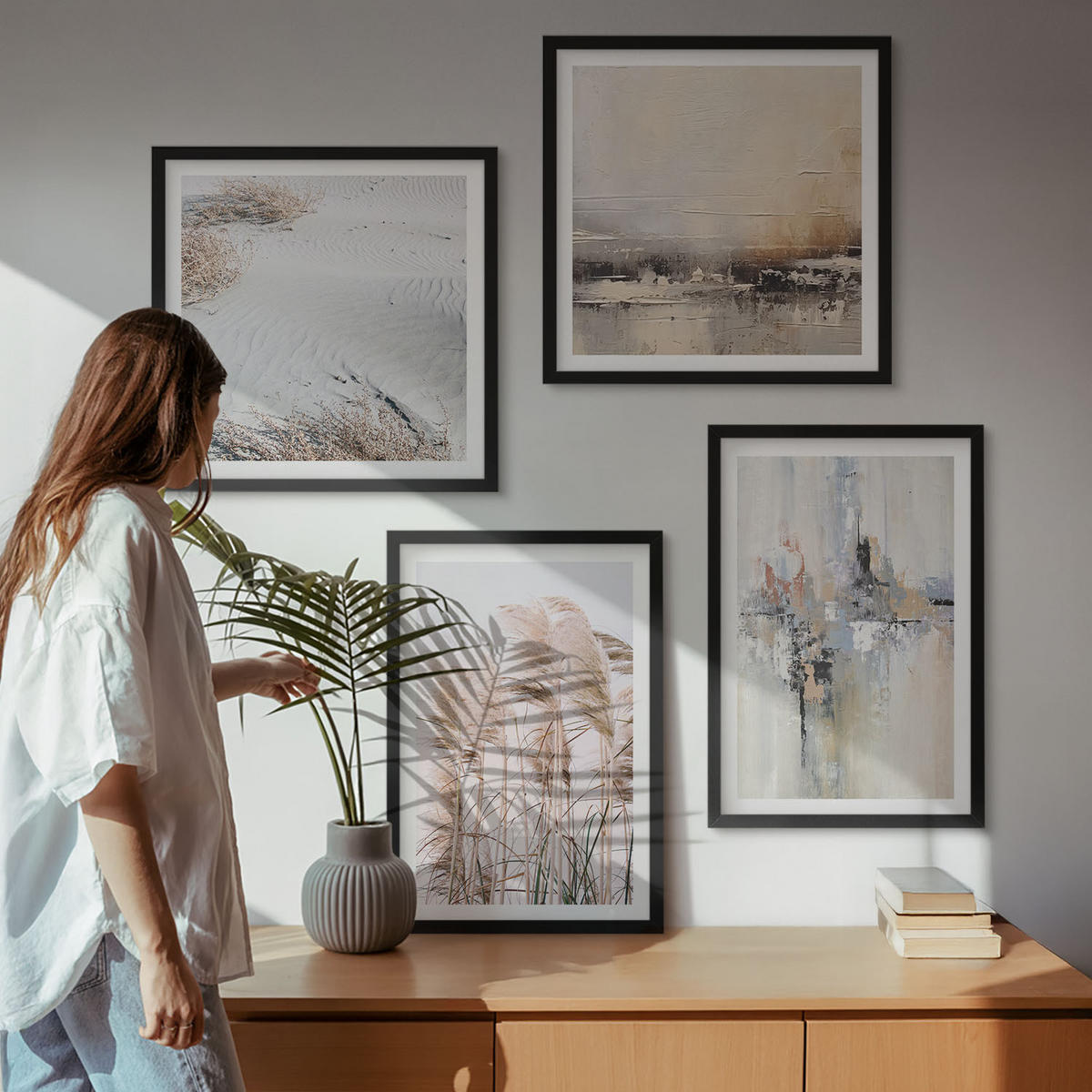 BILDER SET 4er Set - 50x50 cm & 40x60 cm Schwarzer Rahmen - Abstrakte Vegetationsmuster - Schwarz, Kunststoff (50/50cm) - TULUP
