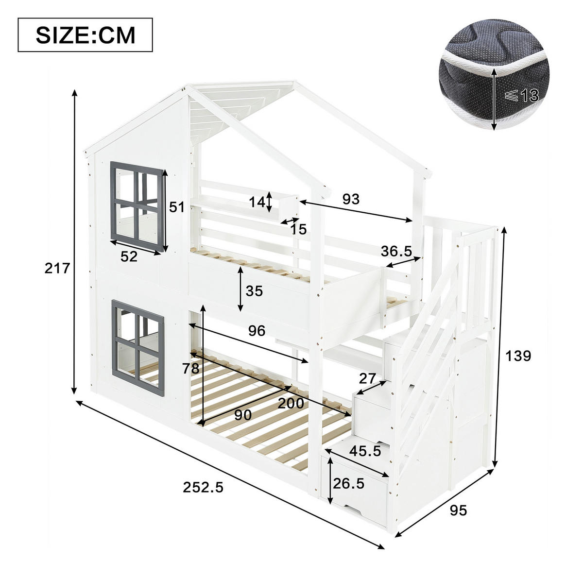 ETAGENBETT 90/200 cm mit Treppenregal, Fenstern und Dach, Kiefer/MDF, Weiß/Grau - Weiß, Holz (90/200cm) - Redom