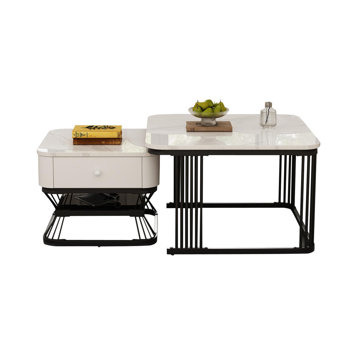 KLUBSKA miza, komplet 2 kosov, 70/70/45 + 50/50/40 cm, MDF/kov bela/črna, z 1 predalom - bela, steklo (70/70/45cm) - BEAOK
