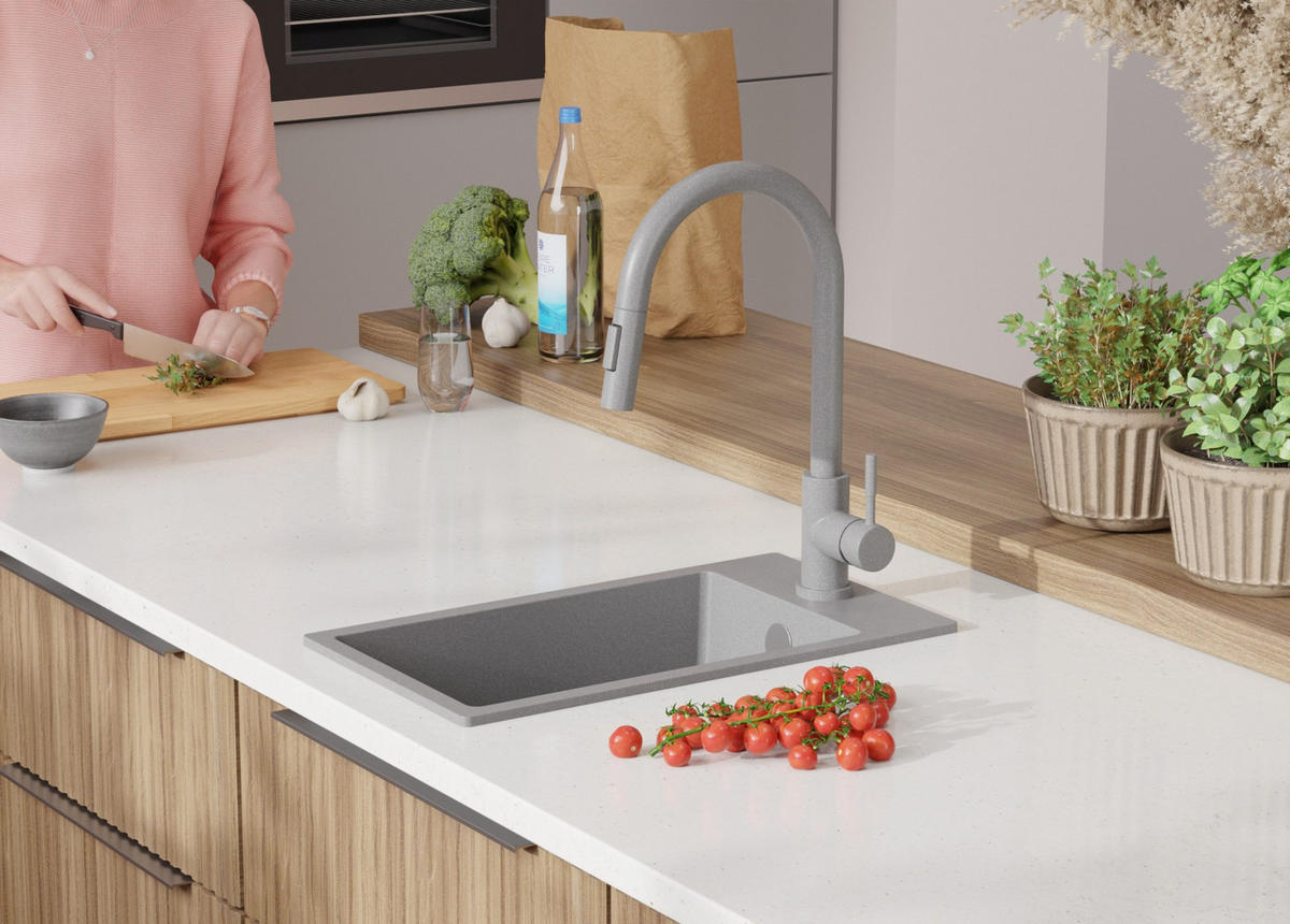 GRANITSPÜLE Riga, 2-er set Grau 28/50 cm 1 Becken + Küchenarmatur 38/14 cm + Ablauf-Set ab 30er Unterschrank - Grau, Kunststoff (28/20/50cm) - Primagran