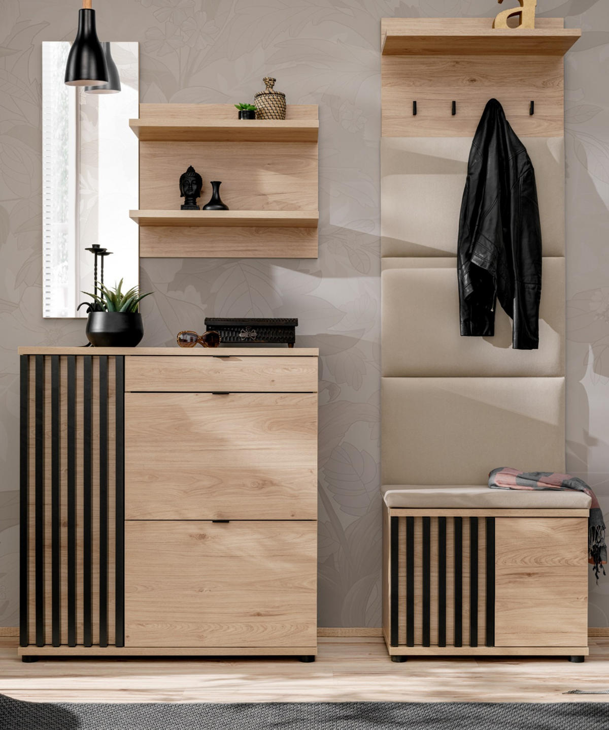 GARDEROBE Set 4-teilig Eiche Jackson, schwarz 250 cm, Garderobenkombination mit 3D-Lamellen - Eichefarben/Schwarz, Holzwerkstoff/Kunststoff (160/202/35cm) - Furn.Design