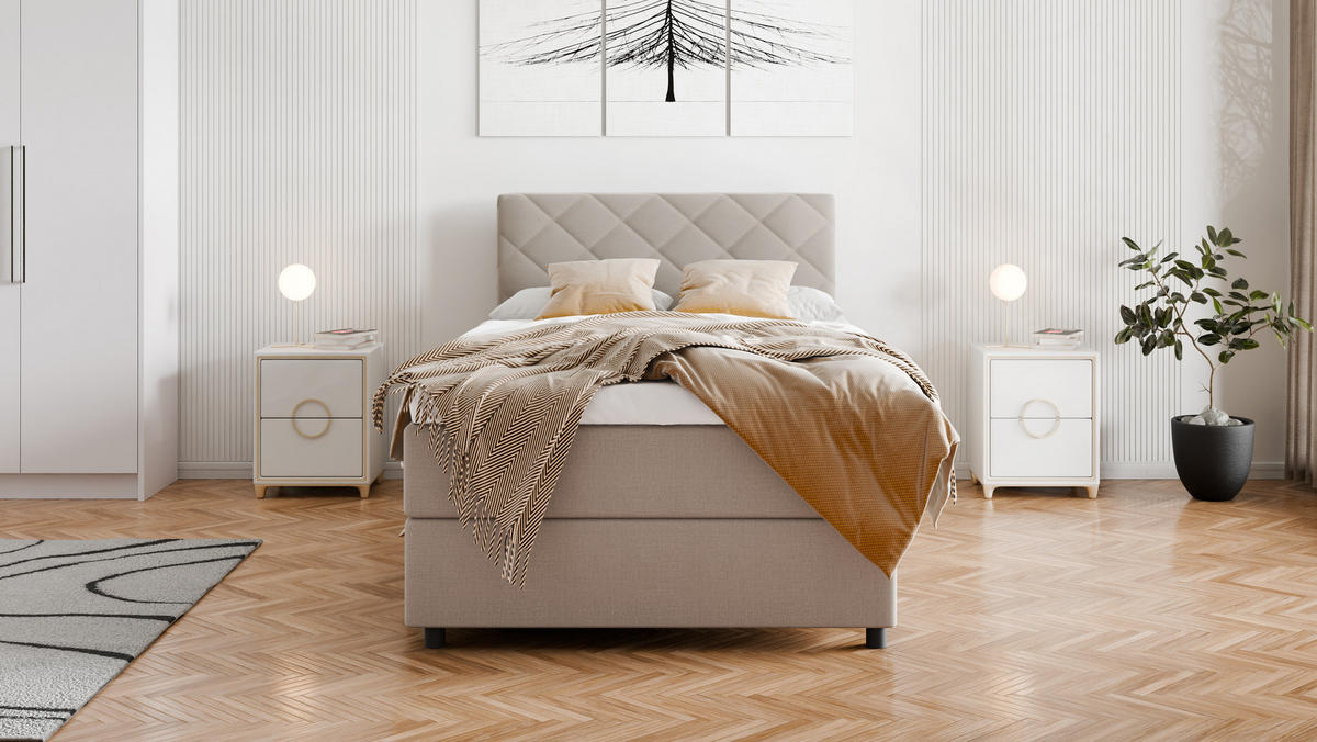 BOXBETT Diamaro 120x200 cm mit Bettkasten und Topper - Dunkelbeige - Beige, Holz (120/215cm) - Panda Möbel