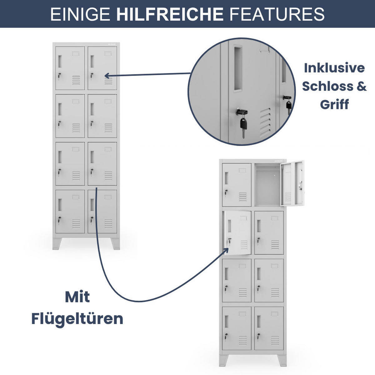 SCHLIESSFACHSCHRANK Spind TAMPA 8 Fächer 172x55,9x45cm Grau - Grau, Metall (55.9/172/45cm) - DELUKE