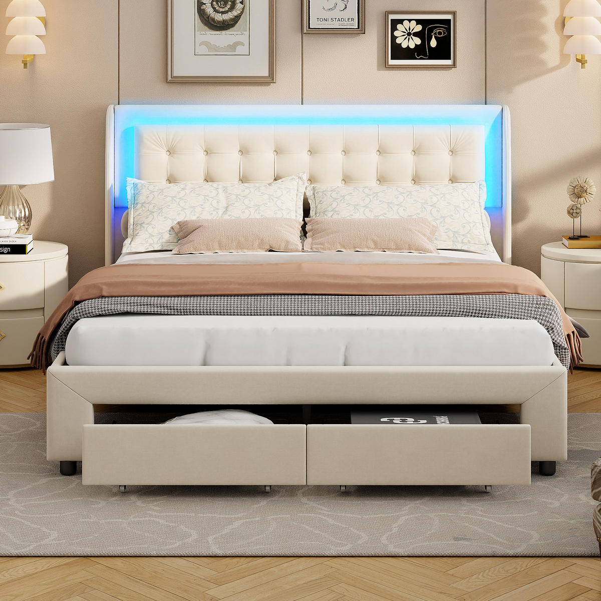 STAURAUMBETT 160x200 cm, Ambiente-LED-Beleuchtung, Stauraum unterm Bett und 2 Schubladen am Bettfuß, Samtstoff, Beige - Beige, Holz/Textil (160/200cm) - BRILVERDE