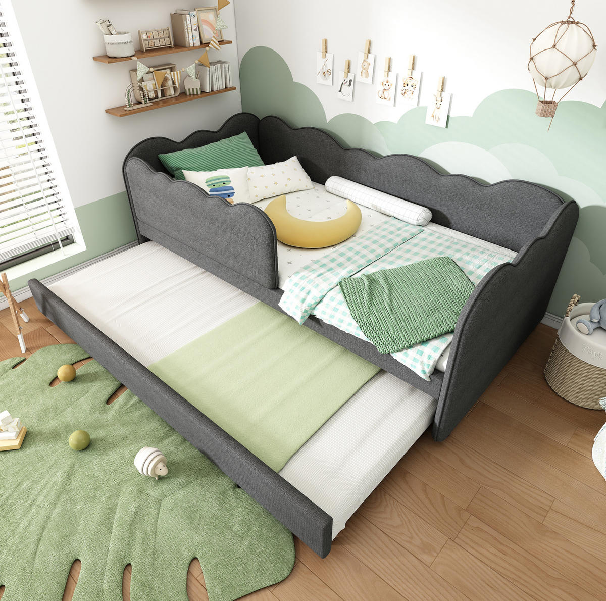 KINDERBETT Polsterbett 90/190 cm aus Leinen mit Ausziehbett Grau - Grau, Textil (90/190cm) - Modenvie