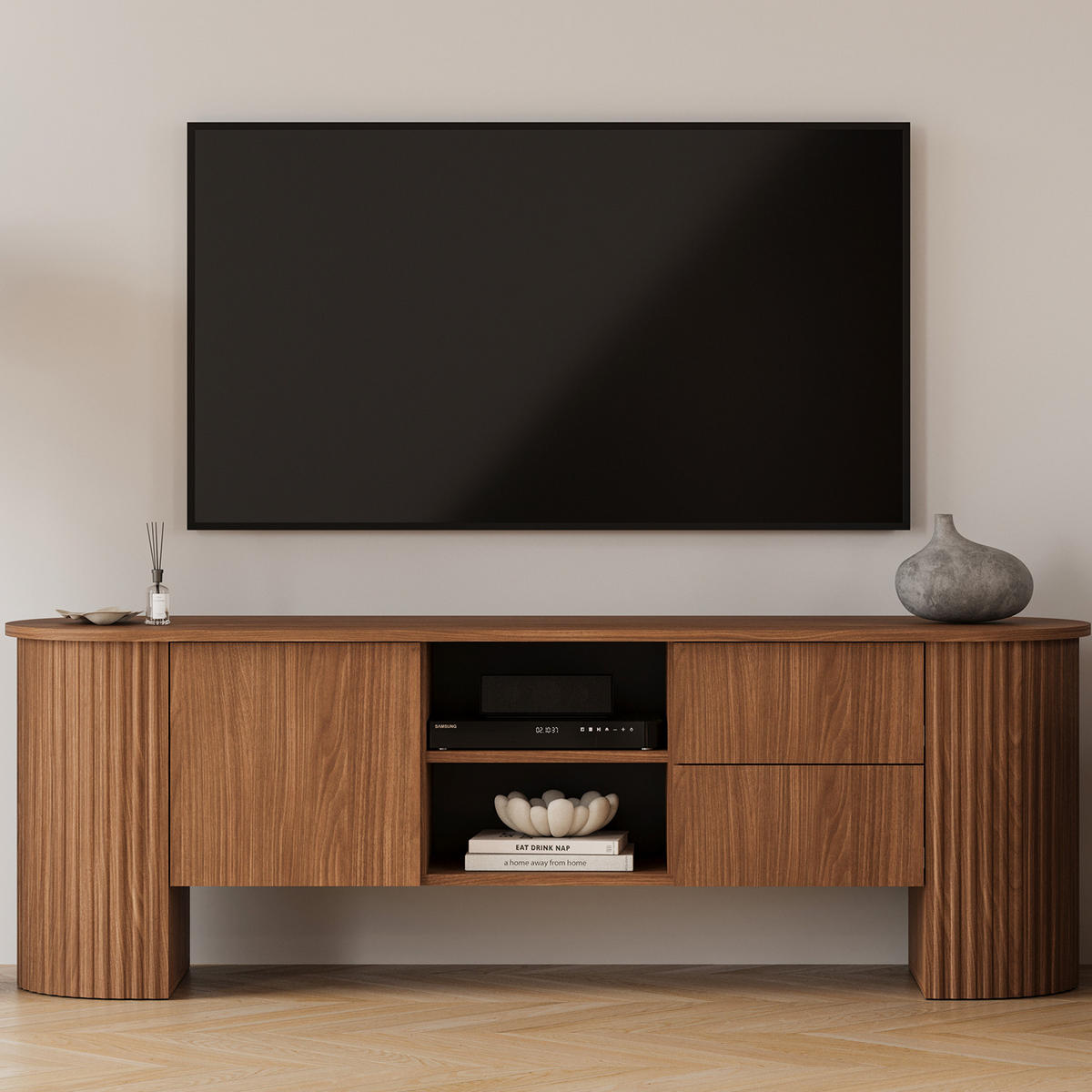 TV STOLEK Carlo s 1 dvířky, 2 zásuvkami a rýhovanými boky, 180 cm, ořech - barva vlašského ořechu, kompozitní dřevo (180/60/45cm) - Beautysofa