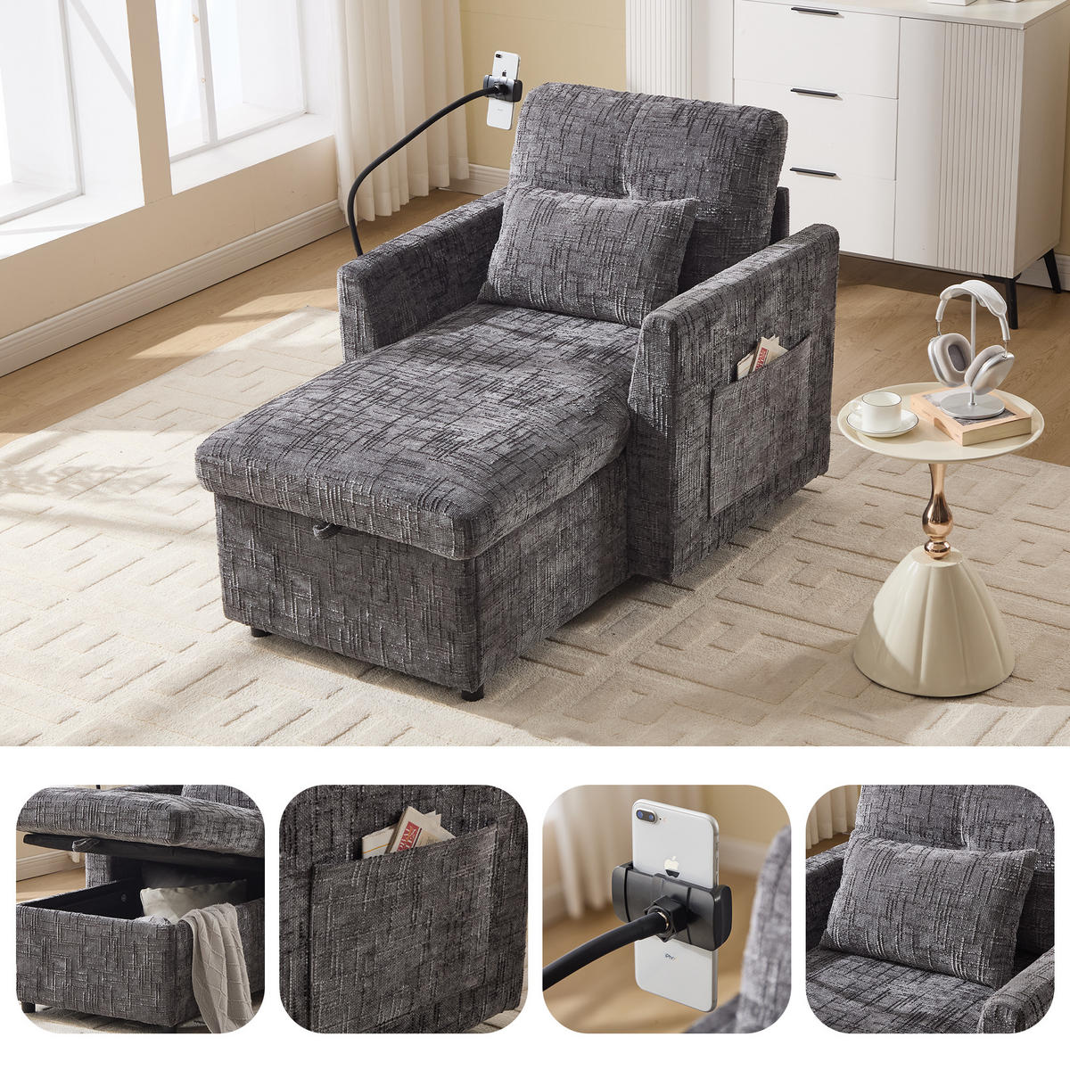 LOUNGESESSEL Chenille mit Handyhalter und Stauraum 125/84,5/87 cm Grau - Grau, Textil (84.5/87/125cm) - Redom