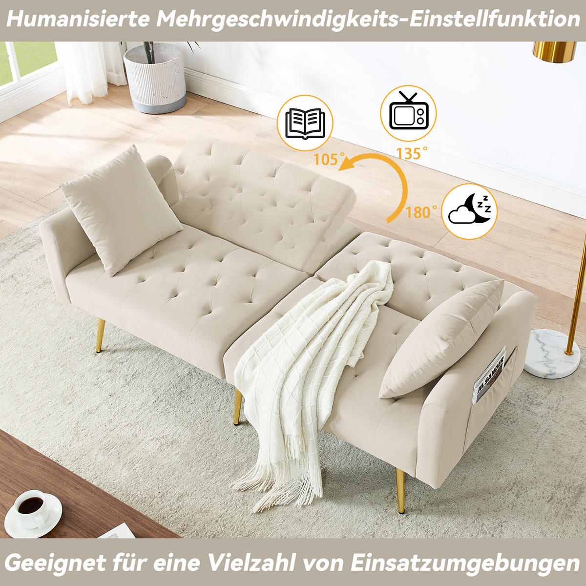SCHLAFSOFA 177/78/74 cm in Beige Samt mit Aufbewahrungstasche - Beige, Textil (78/74/177cm) - Oxeza