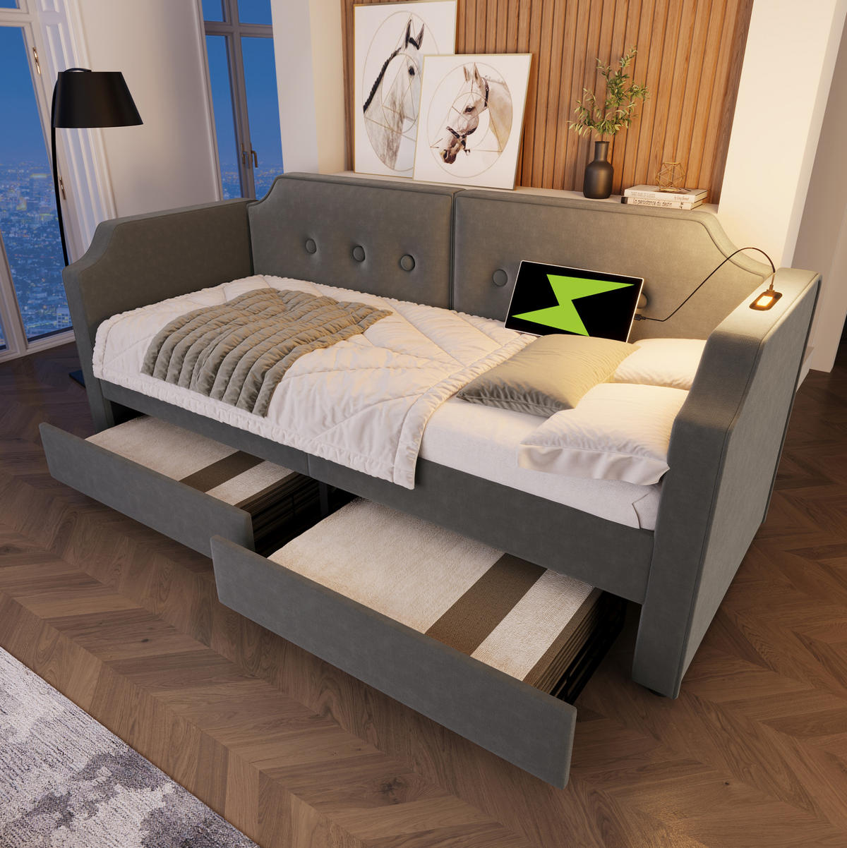 POLSTERBETT 90/200 cm Grau aus Samt mit USB-Type-C und Leselampe - Grau, Textil (90/200cm) - OKMYHOME