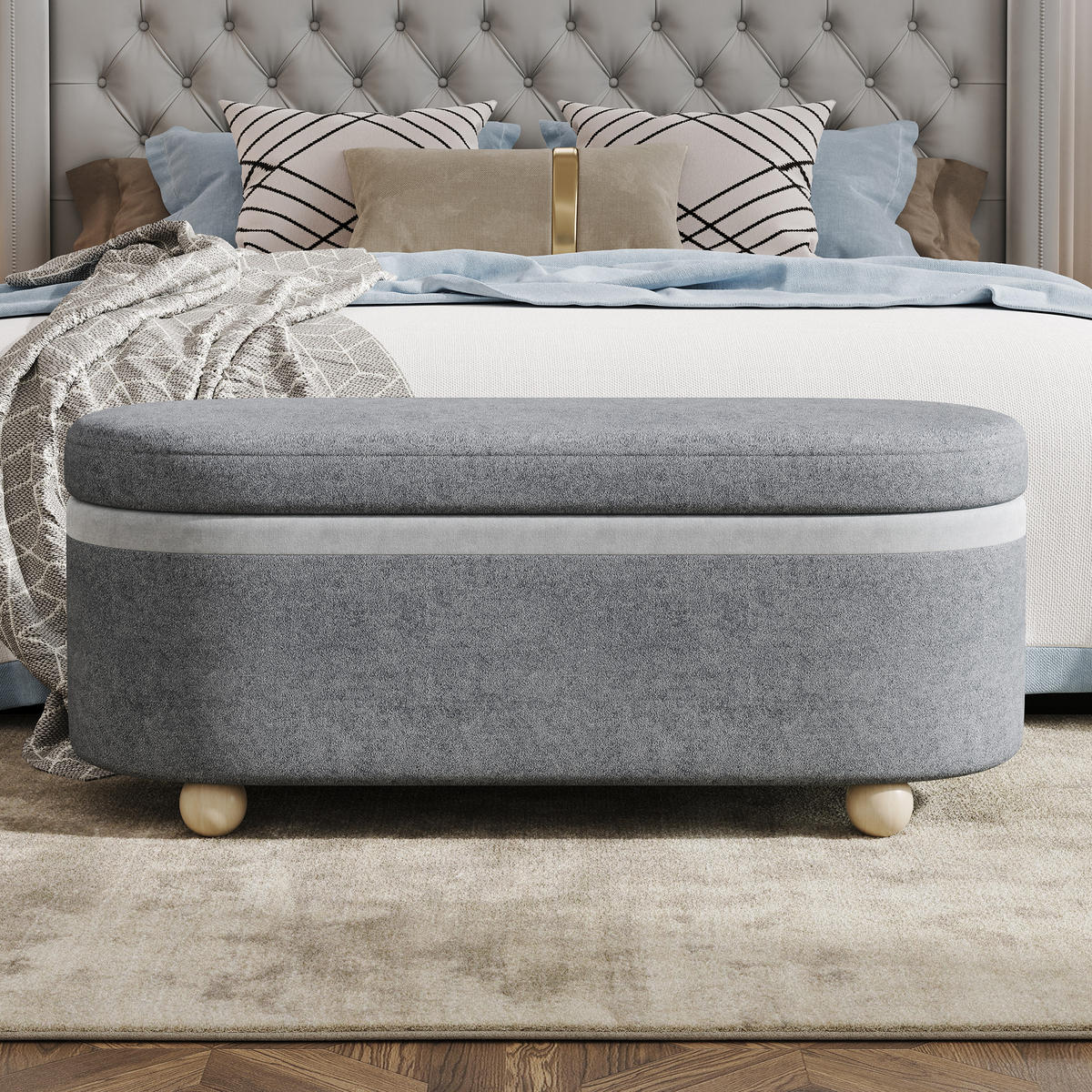 SITZBANK, Stauraum, Fleece, Holzbeine, Grau, 110x41x47cm - Grau, Textil (41/47/110cm) - FLIEKS