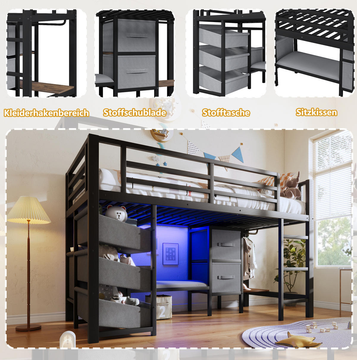 HOCHBETT 90/200 cm Schwarz aus Metall mit LED-Beleuchtung - Schwarz, Metall (90/200cm) - OKMYHOME