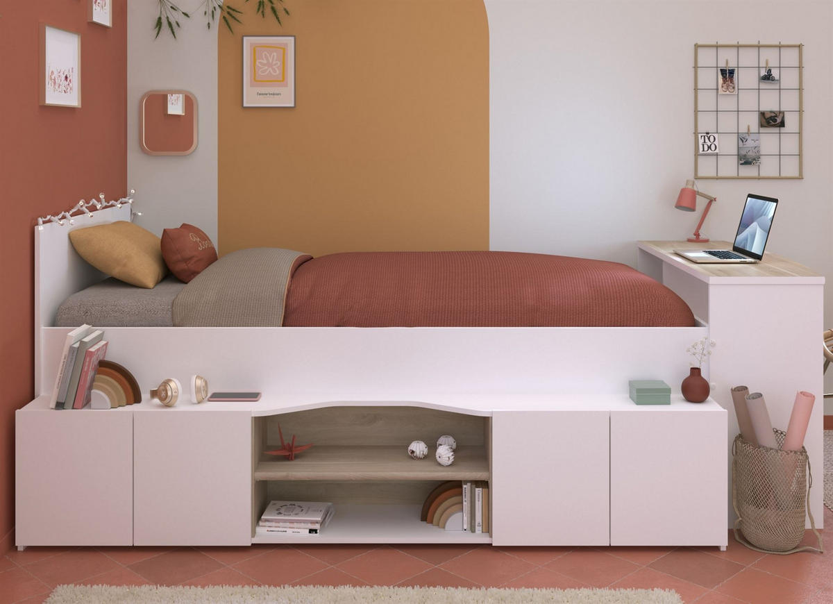 HOCHBETT Parisot Cleo 90x200 mit Schreibtisch Holznachbildung Weiß - Weiß, Kunststoff (90/200cm) - 58aufmkessel
