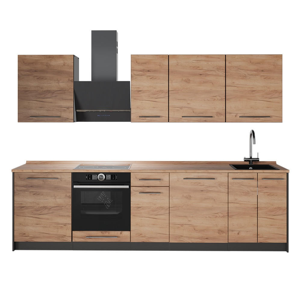 KÜCHENZEILE Fame-Line, Goldkraft Eiche/Anthrazit, 280 cm, AP Eiche - Honigeiche/Anthrazit, Holzwerkstoff (280/82/60cm) - Vicco