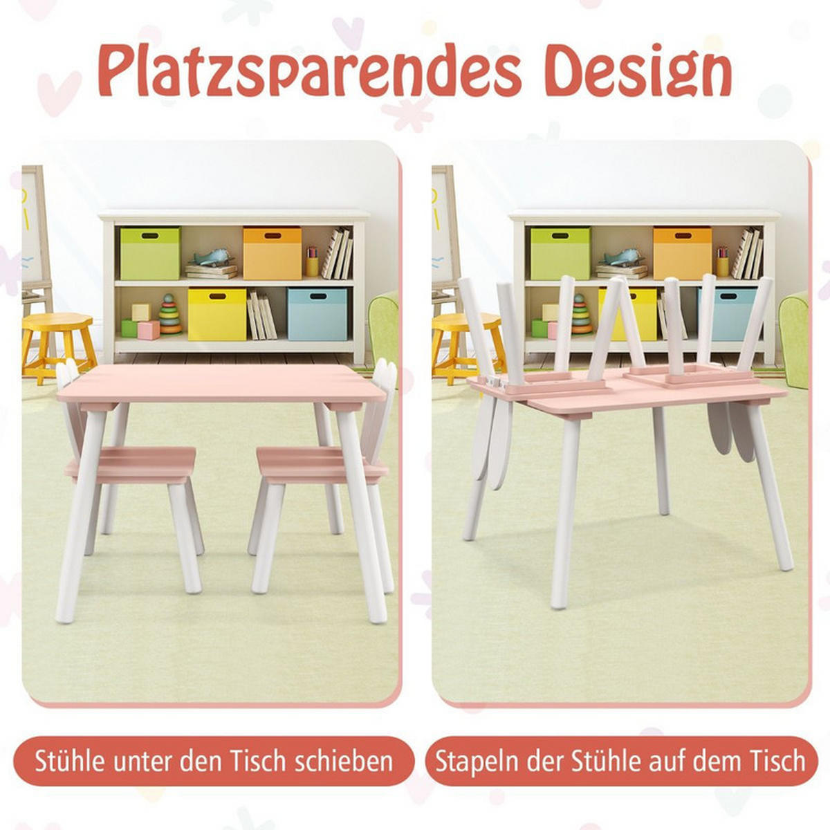 KINDERTISCH mit 2 Stühlen rosa(3-tlg) - Pink, Holzwerkstoff (62/43/62cm) - COSTWAY