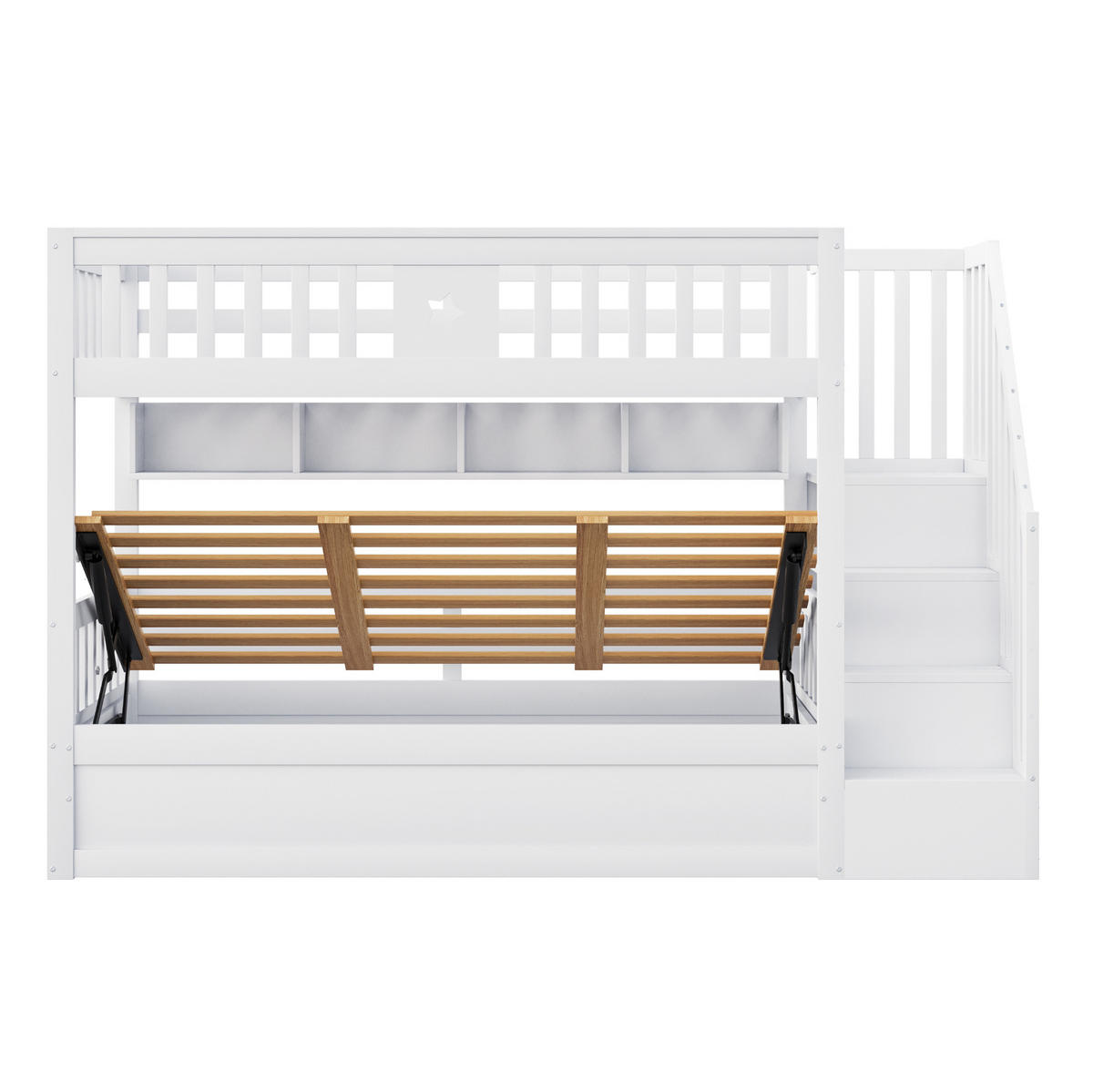 HOCHBETT 90/200 cm mit hydraulischem Unterbett, Stauraumtreppe und Regal, Weiß - Weiß, Holzwerkstoff (90/200cm) - Redom