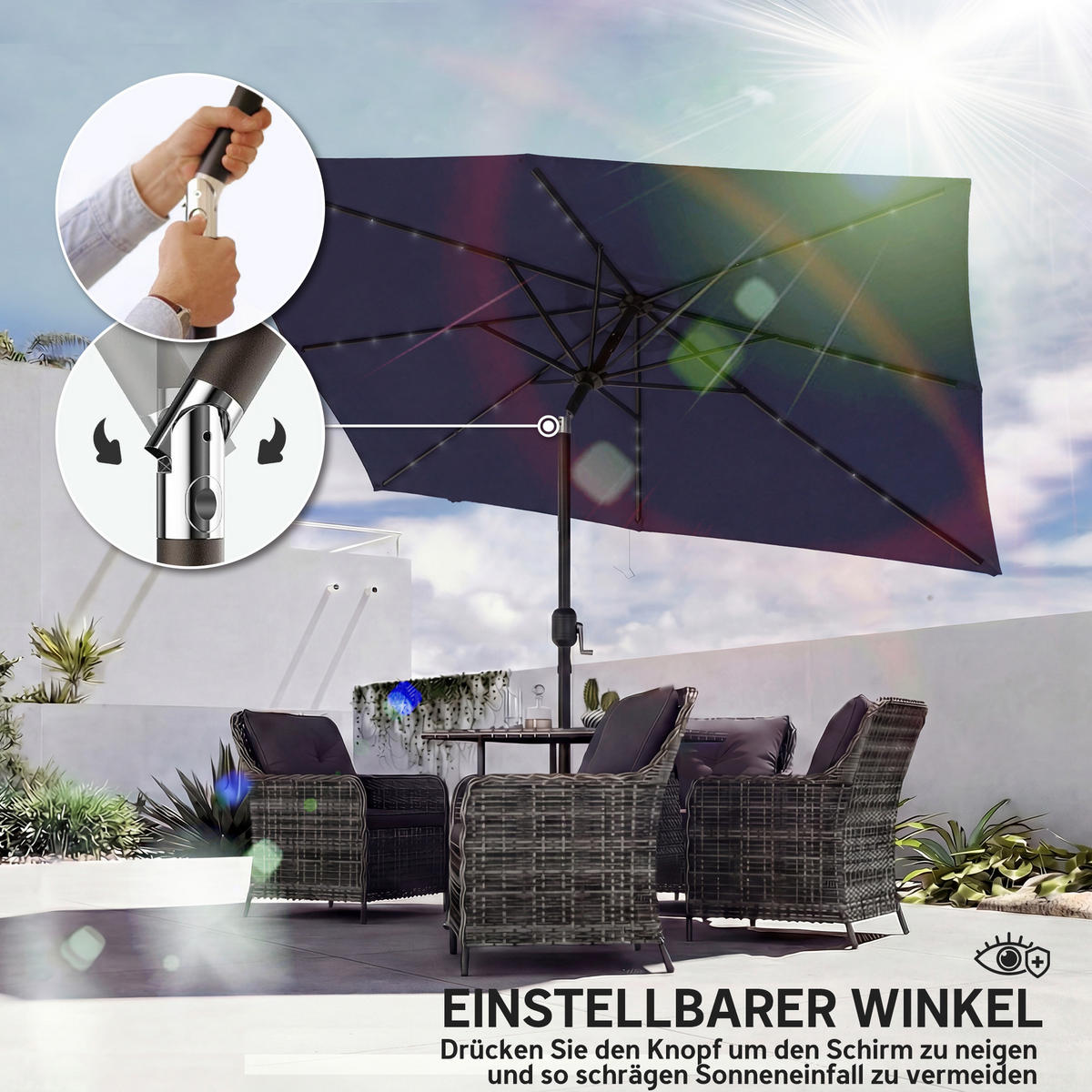 SONNESCHIRM mit Solar LED Marineblau 289/198/248 cm - Dunkelblau, Metall (198/289cm) - Outsunny